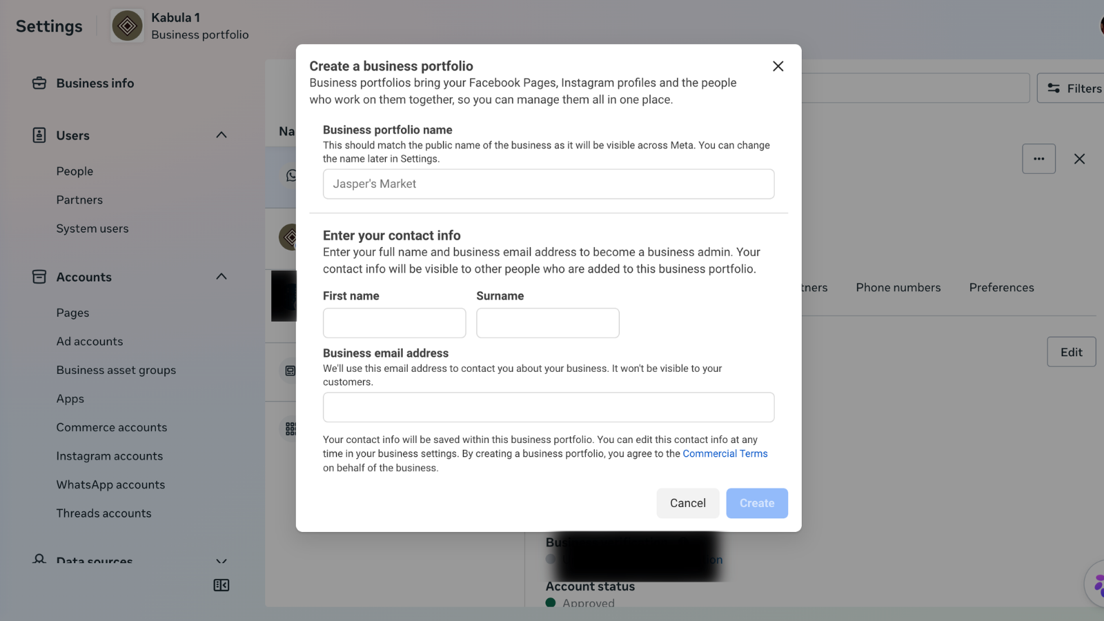 Meta Business Suite ad account setup starting screen showing the Create a business portfolio form
