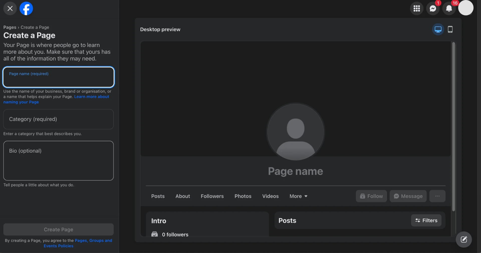 Facebook Create a Page starting screen Facebook Create a Page starting screen showing the Page name, category and bio fields with a desktop preview